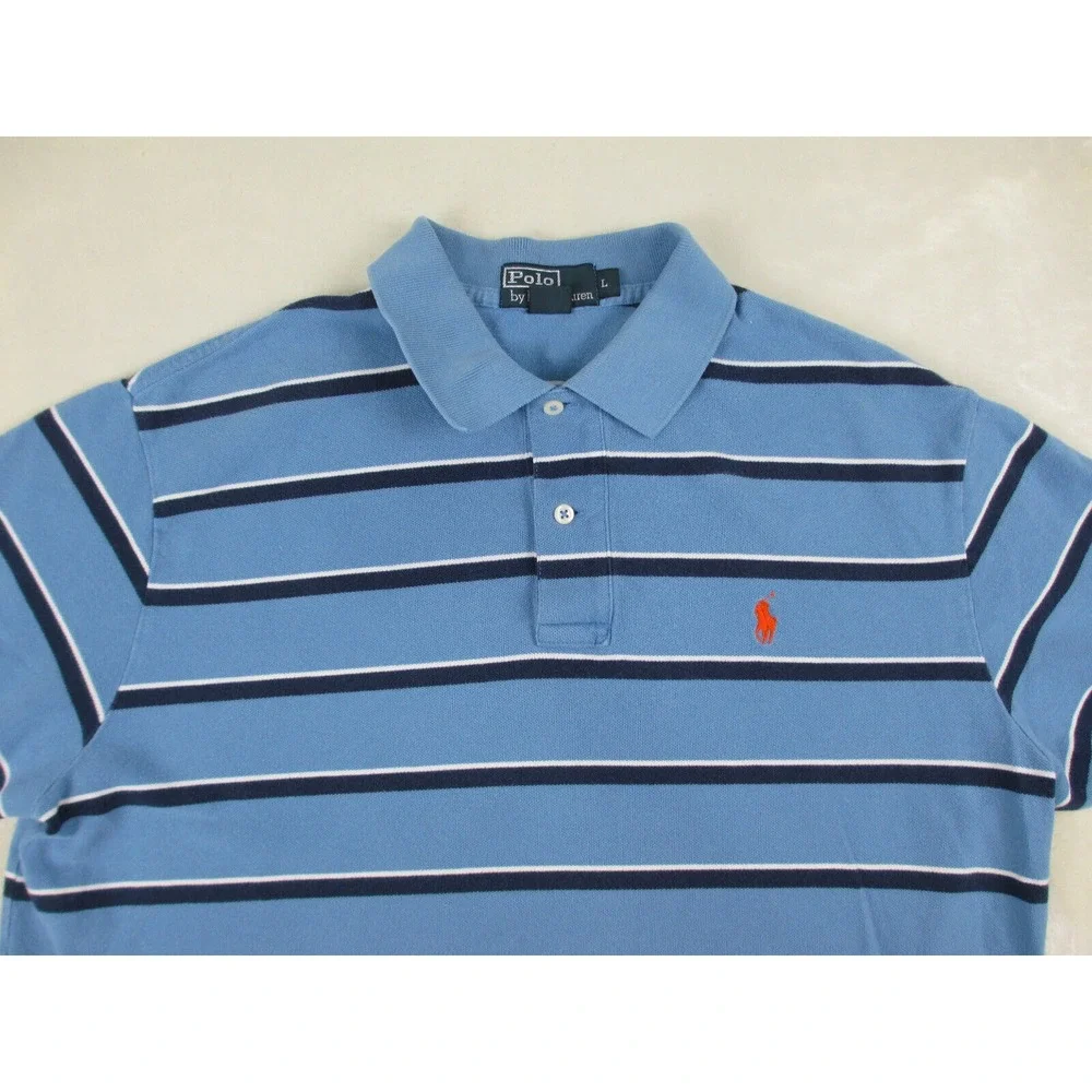 Ralph Lauren Polo Shirt Mens Large Blue Orange Pony Striped Cotton‎ Casual*